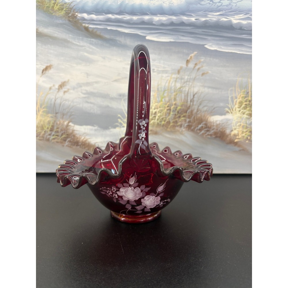 Fenton Ruby Red Glass Basket Hand Painted White Floral Ruffled Edge T Everson